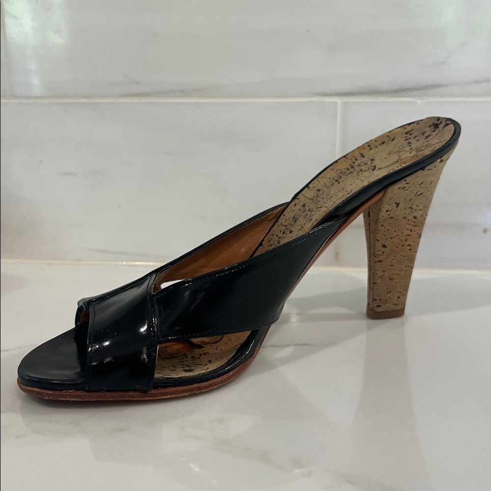 Charles Jourdan Vintage Black Patent Leather Cork Heels Sandals Mules - Picture 11 of 11
